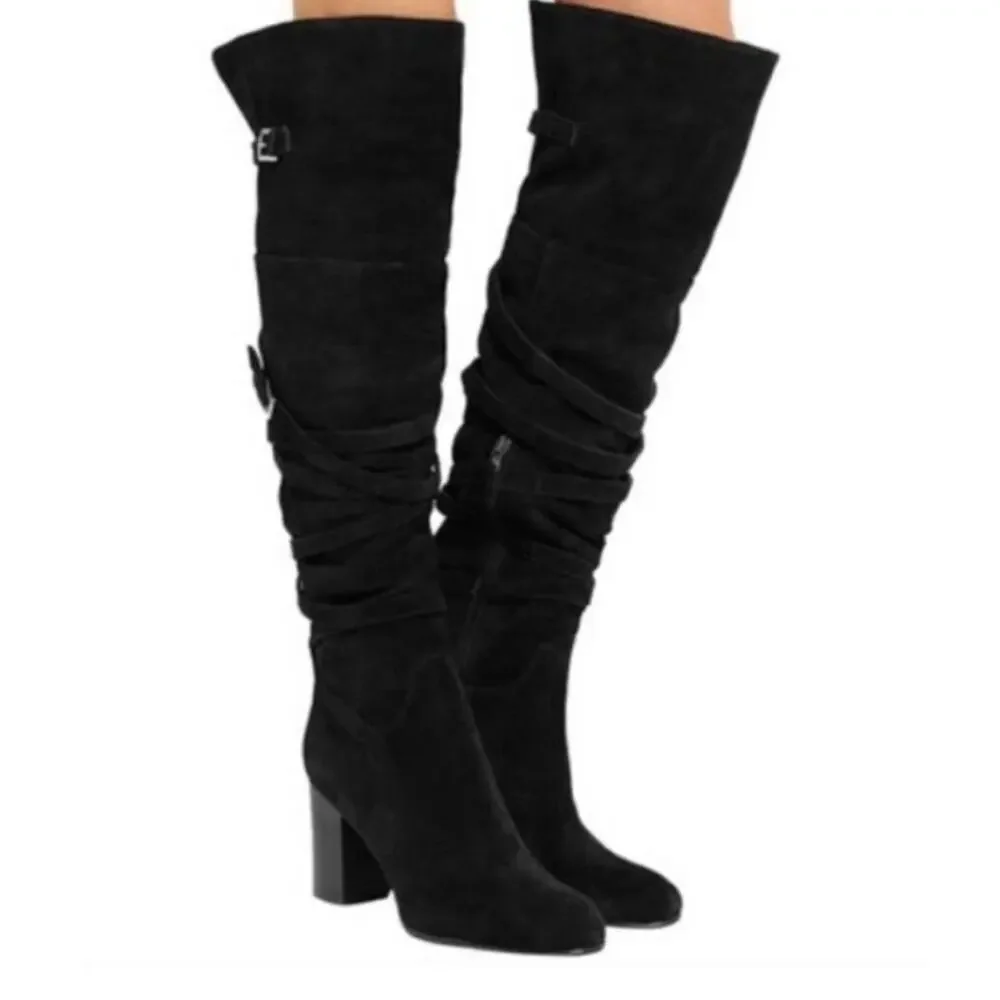Sam Edelman Sable Black Over-The-Knee Boot Sz 9.5 Suede Heeled Adjustable Straps